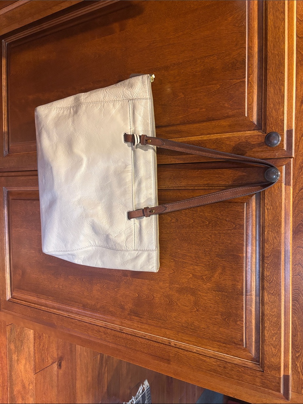 Fossil Cream Leather Tote with Brown Straps